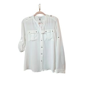 Calvin Klein Soft White Button-Front Roll-Sleeve Blouse M NWT